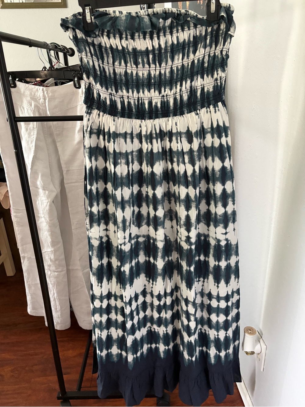 Dizzy Navy and White Smocked Strapless Tie-Dye Maxi Dress